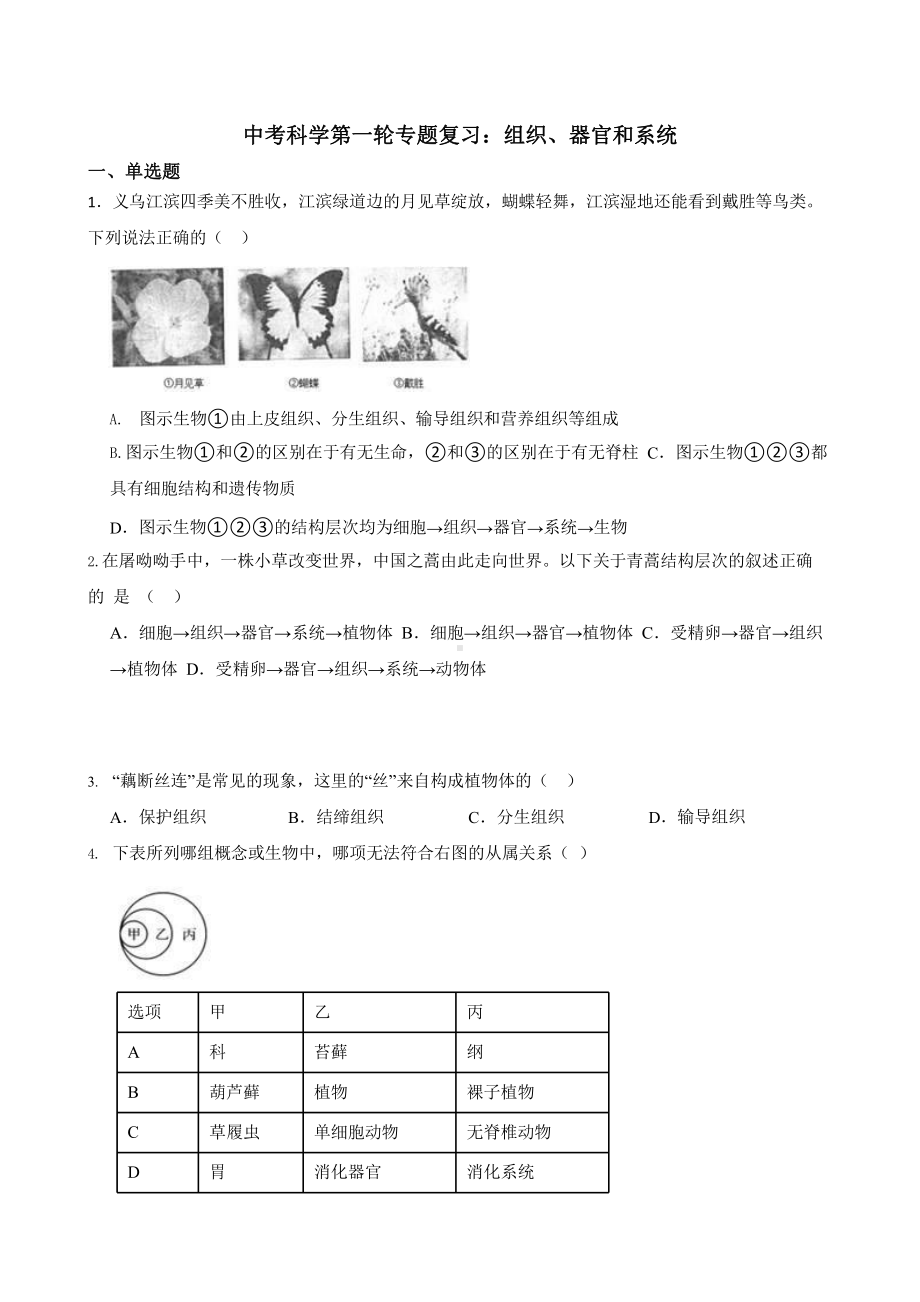 中考科学第一轮专题复习：组织、器官和系统.pptx_第1页