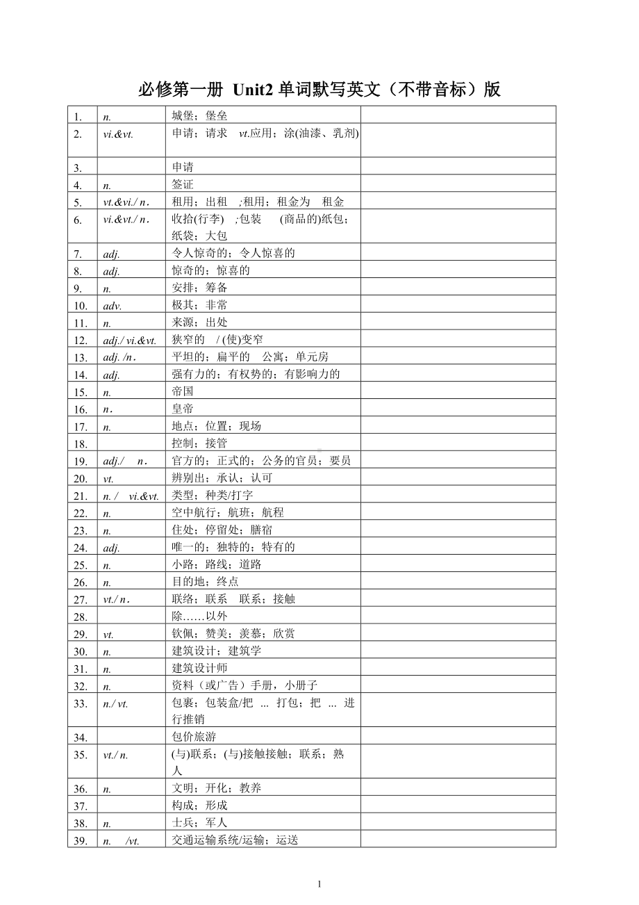 Unit2 单词默写英文（不带音标）表格版 -（2019）新人教版高中英语必修第一册.doc_第1页