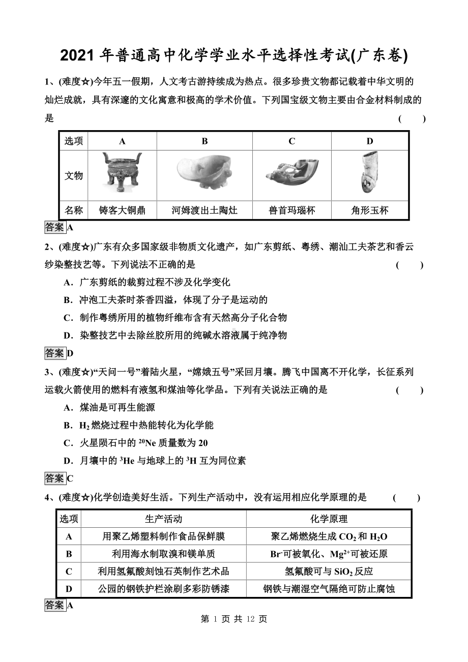 2021年普通高中化学学业水平选择性考试(广东卷)　.docx_第1页