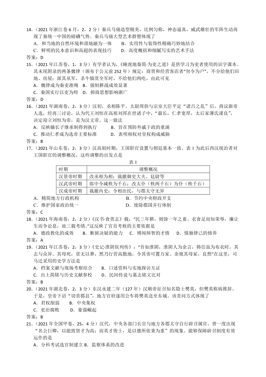 2021年高考历史选择题真题中国古代史.doc_第3页