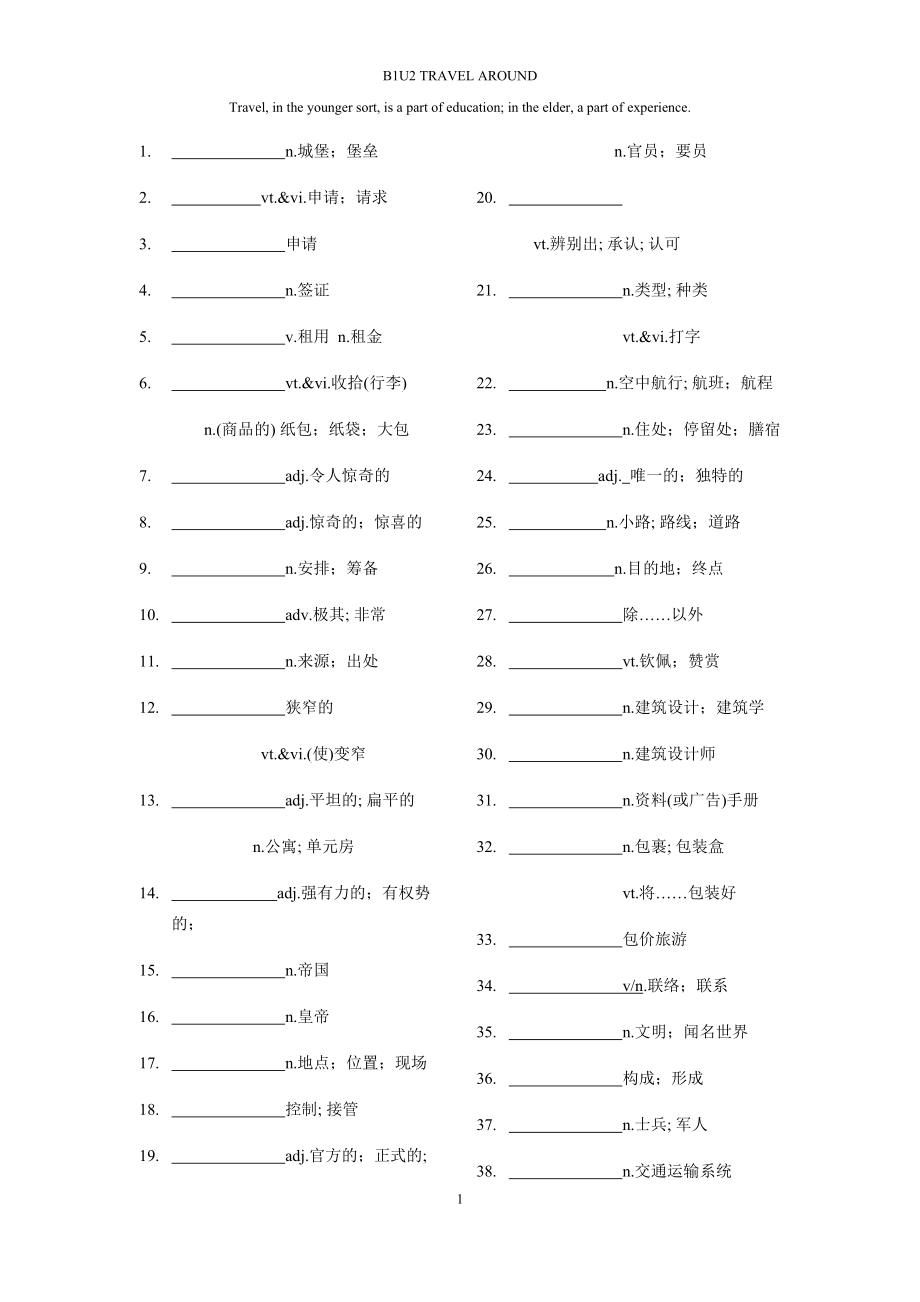 Unit 2 Travelling Around 单词短语知识点背默单-（2019）新人教版高中英语必修第一册.rar