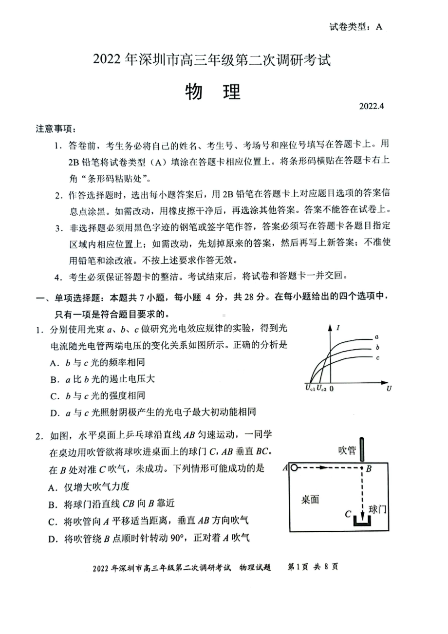 2022届广东省深圳市高三第二次调研考试物理试题.pdf_第1页