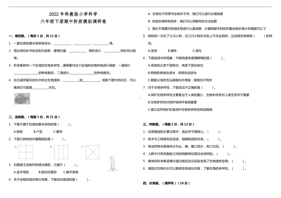 2022教科版六年级下册科学期中阶段模拟调研卷（含答案）.doc_第1页