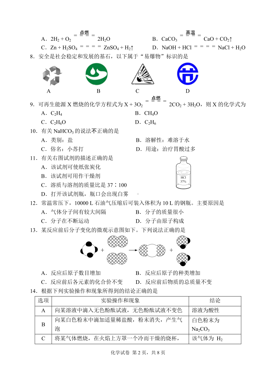 扬州市梅岭中学2022届初三中考化学一模试卷及答案.docx_第2页