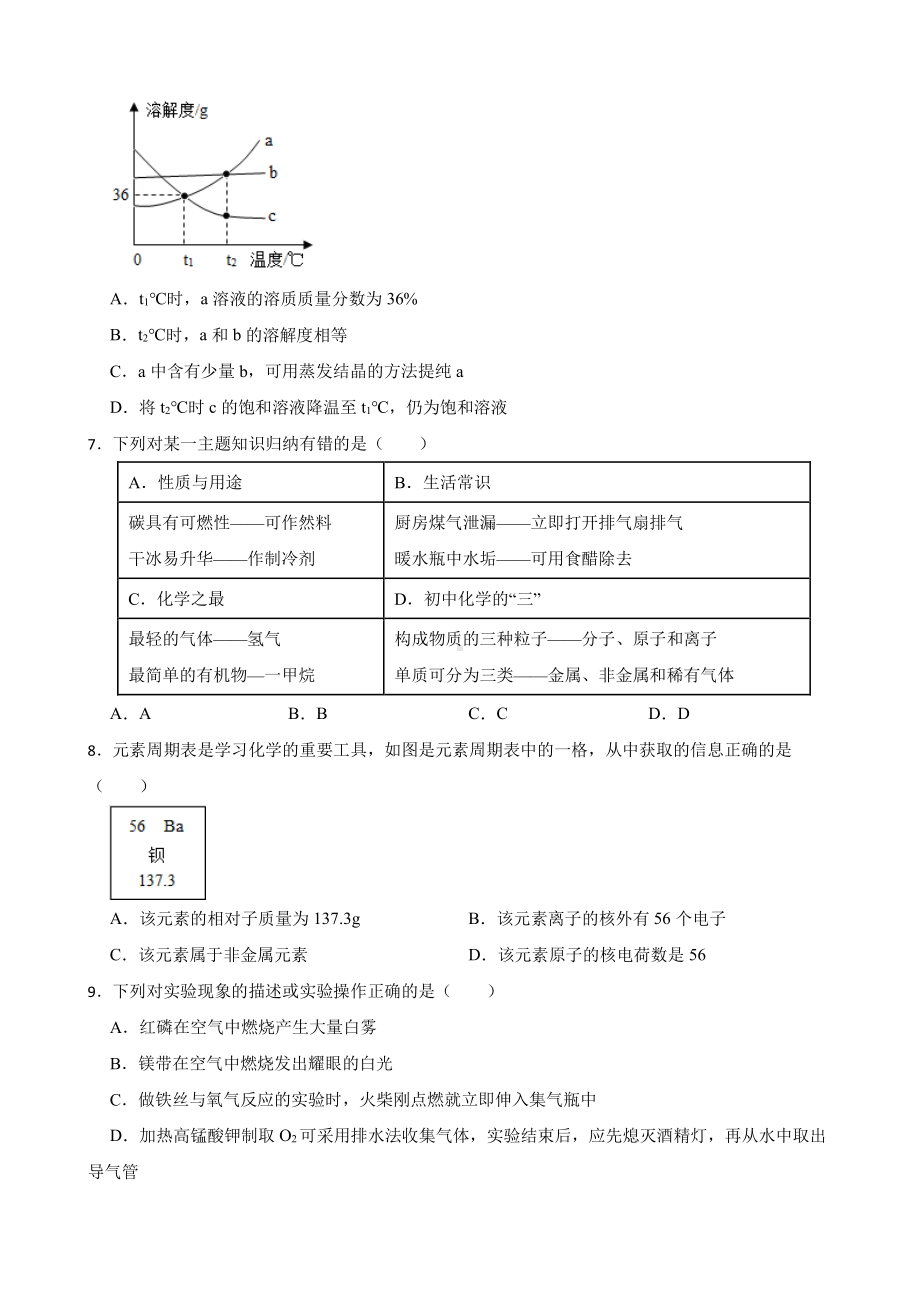 湖北省天门市中考模拟化学试题含答案.pdf_第2页