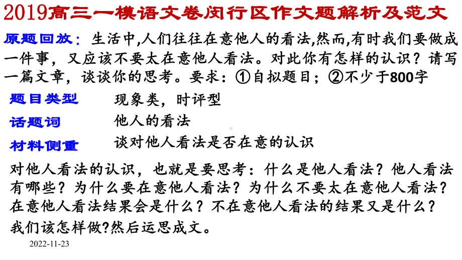 2020高三一模语文卷闵行作文题“在意他人的看法……”解析及范文课件.pptx_第1页