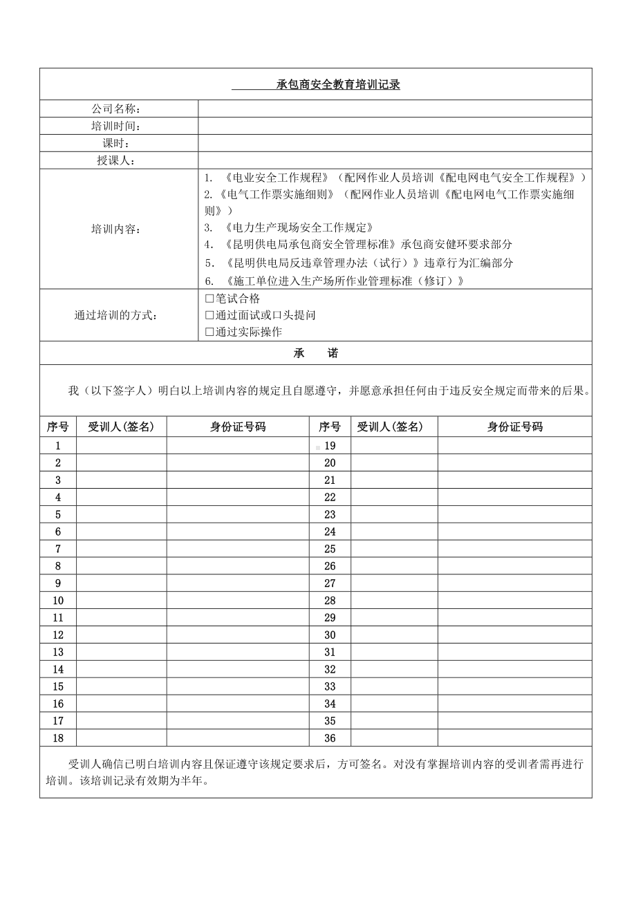 承包商安全培训记录表（样表）参考模板范本.doc_第1页