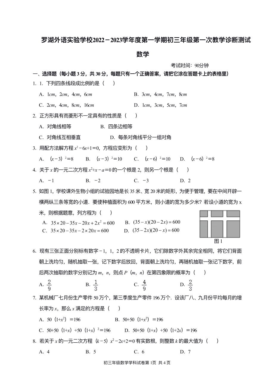 广东省深圳市罗湖外语实验 2022-2023学年上学期第一次教学诊断测试九年级数学试卷.pdf_第1页