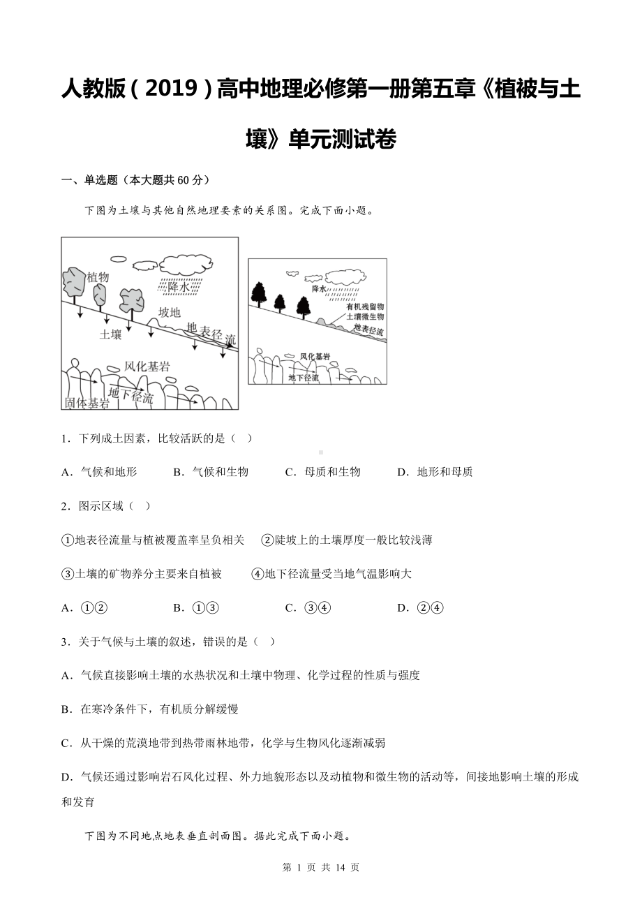 人教版（2019）高中地理必修第一册第五章《植被与土壤》单元测试卷（Word版含答案）.docx_第1页
