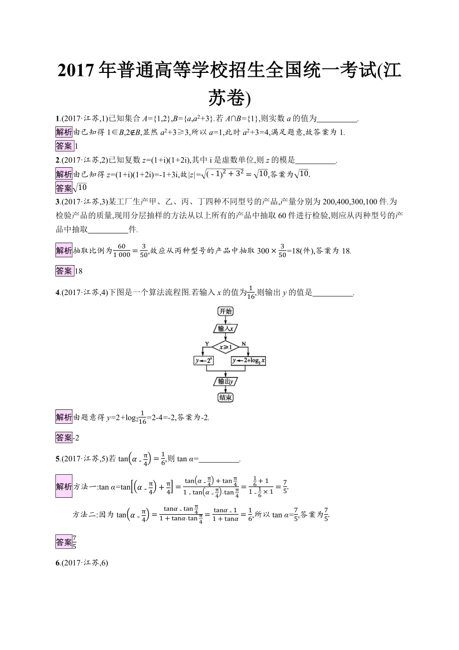 2017年普通高等学校招生全国统一考试数学(江苏卷).docx_第1页