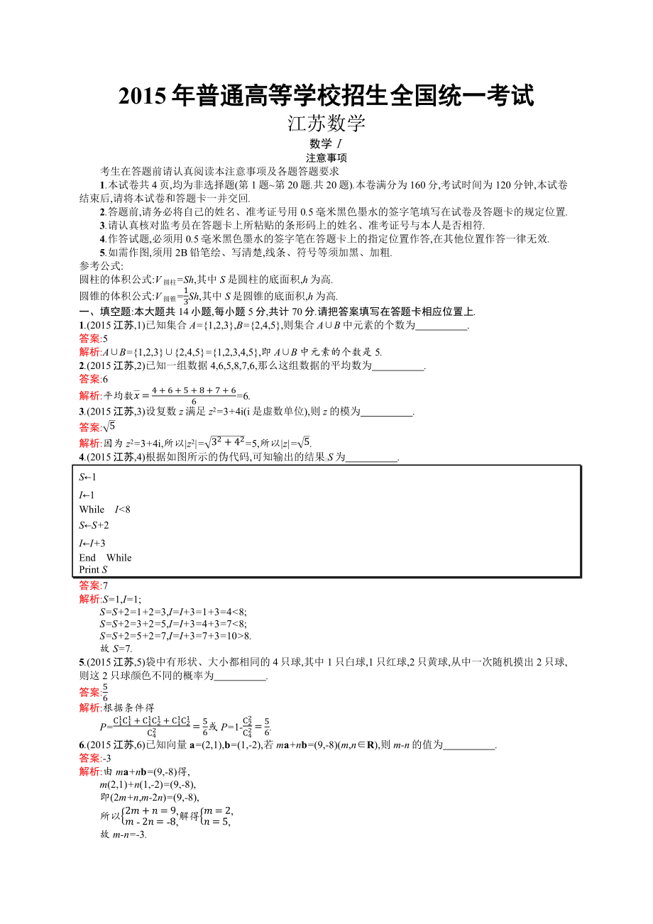 2015年普通高等学校招生全国统一考试数学试题(江苏卷).docx_第1页