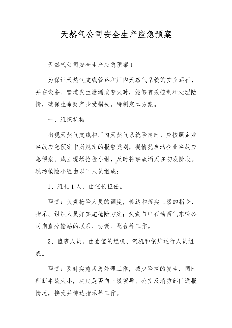 天然气公司安全生产应急预案.docx_第1页