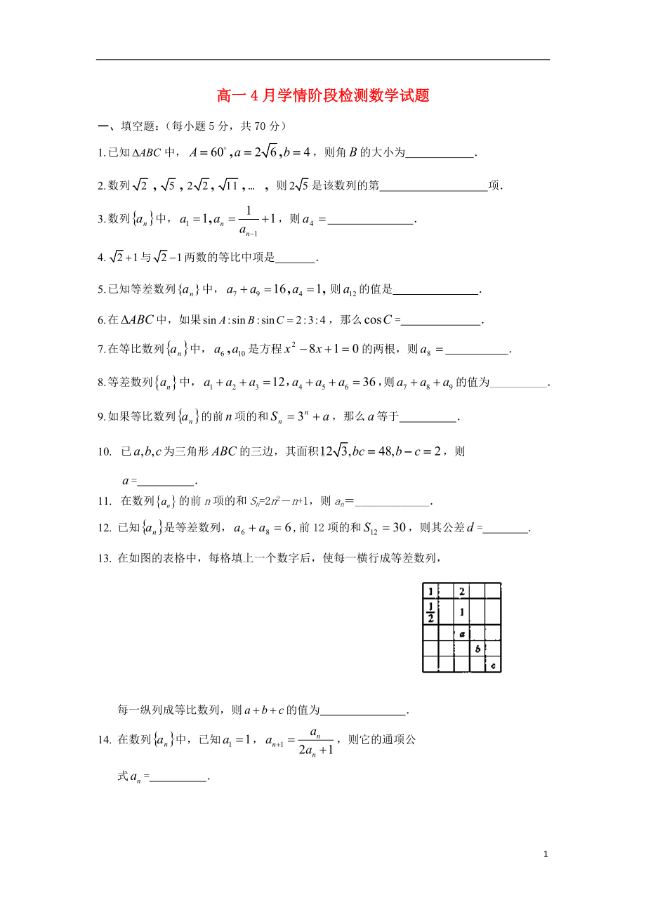 高一数学4月学情阶段检测试题苏教版.doc_第1页