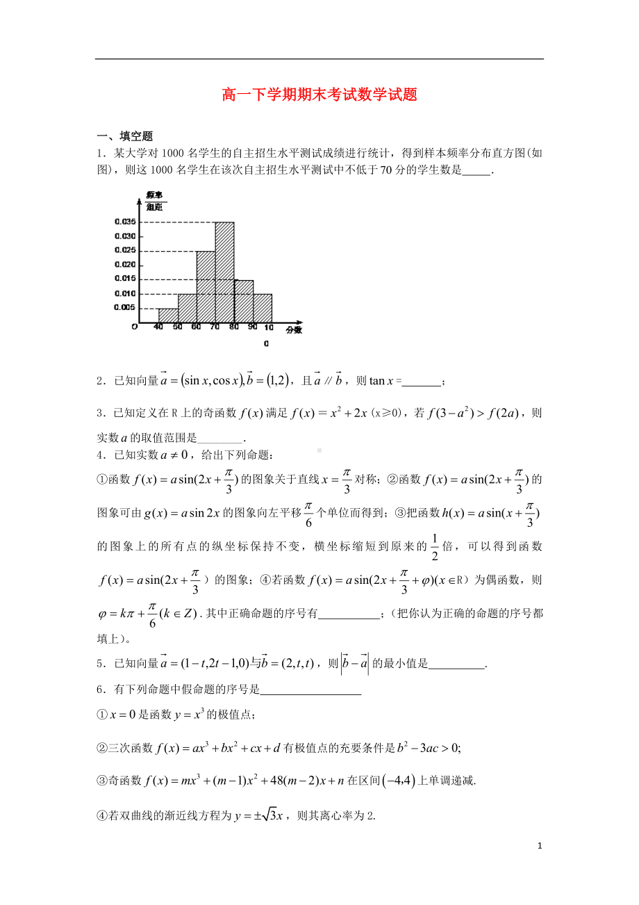 高一数学下学期期末考试试题苏教版.doc_第1页