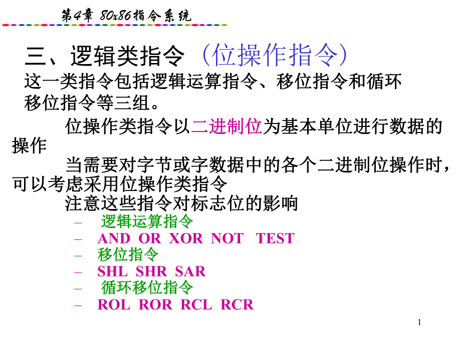 微机原理与接口第4章4-逻辑运算及串操作指令解读课件.ppt_第1页