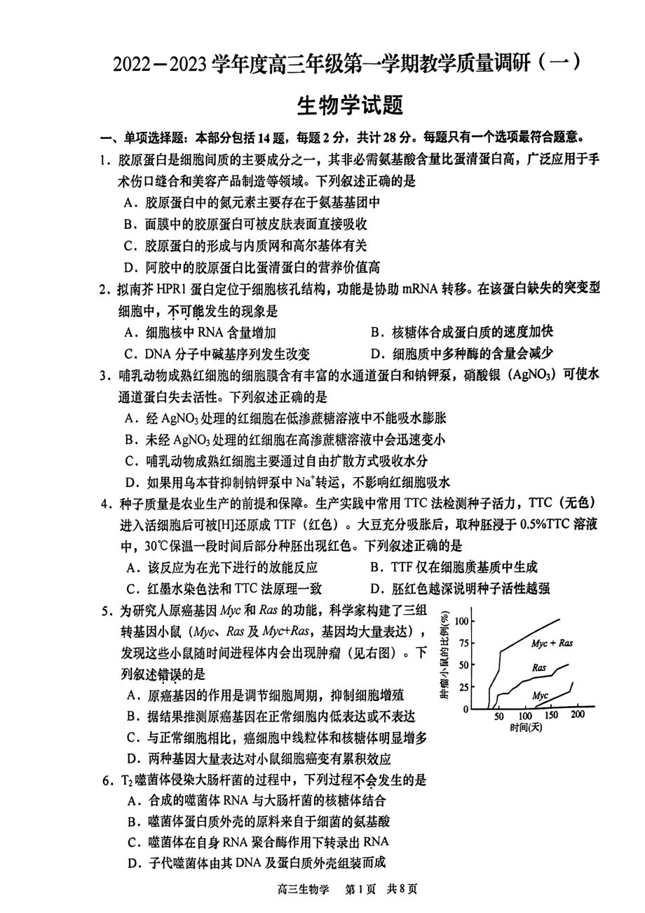 江苏省南通市如皋市2023届高三上学期教学质量调研（一）生物试题+答案.pdf_第1页