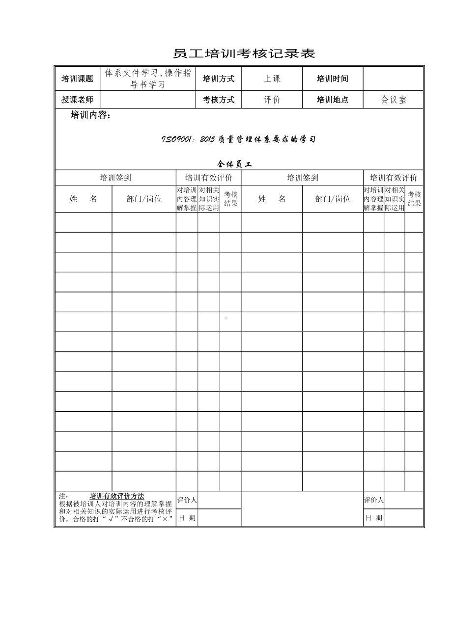 销售行业质量管理体系培训记录和有效评价表参考模板范本.doc_第1页