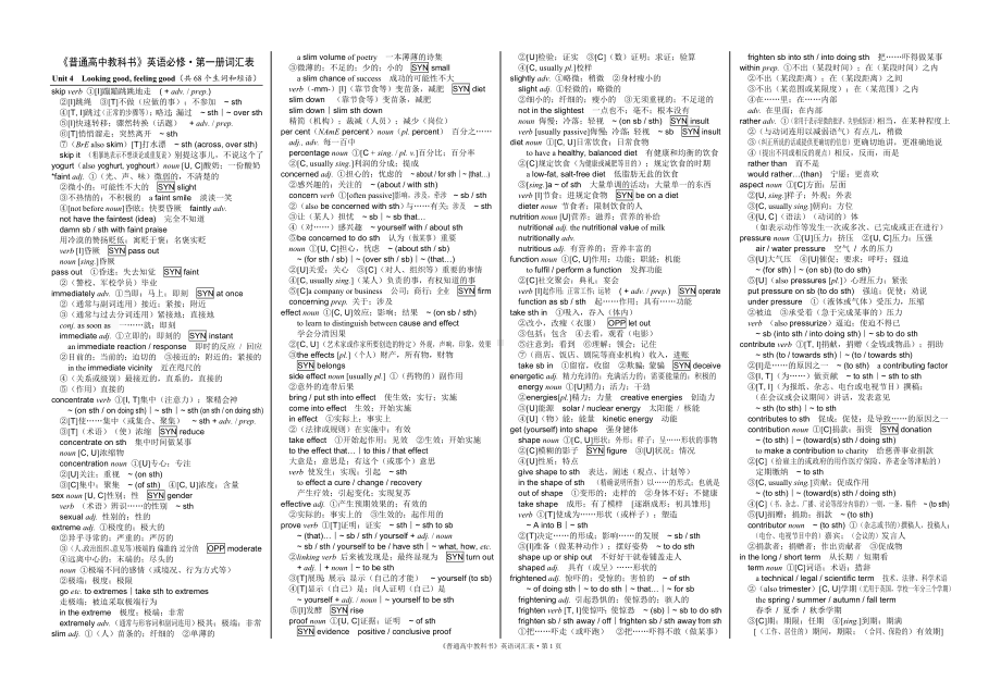 2022新牛津译林版《高中英语》必修第一册Unit 4 Looking good, feeling good 词汇表（共68个生词和短语）.doc_第1页