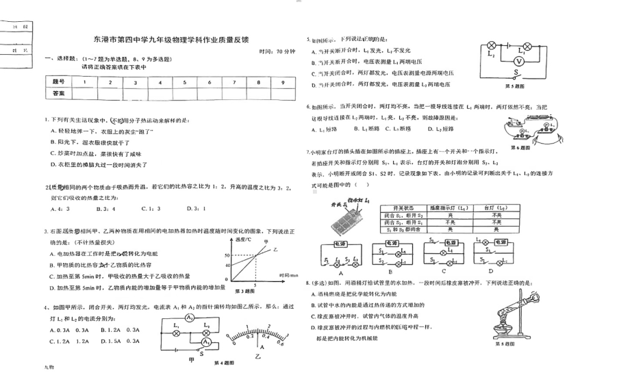 辽宁省东港市第四中学2022-2023学年九年级上学期第一次作业反馈物理试题.pdf_第1页