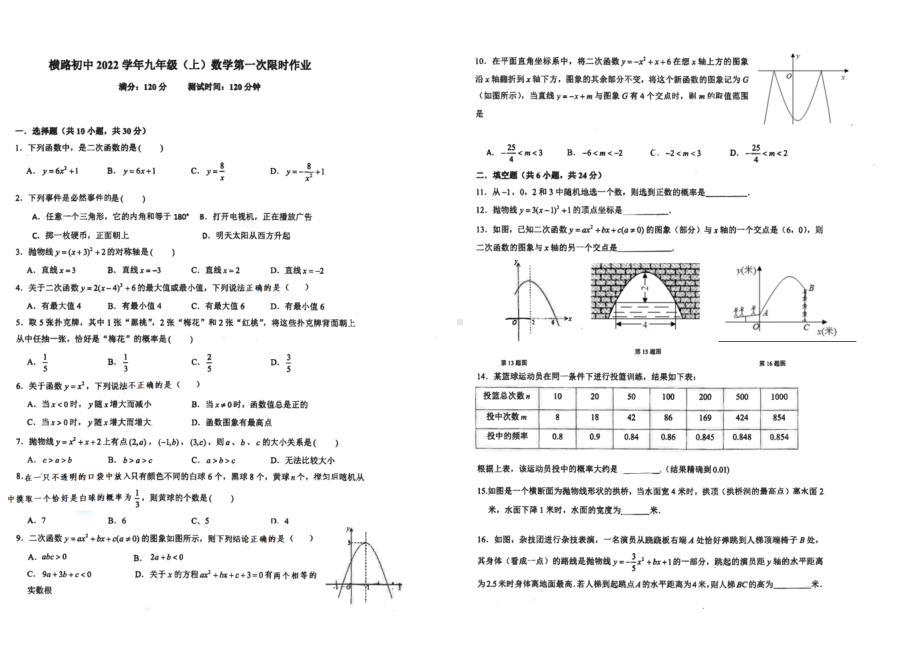 浙江省衢州市衢江区横路初级中学2022-2023学年九年级上学期第一次月考数学试卷.pdf_第1页