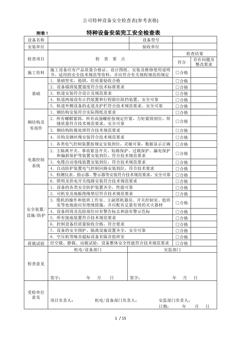 公司特种设备安全检查表(参考表格)参考模板范本.doc_第1页