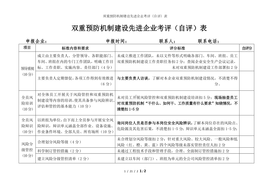 双重预防机制建设先进企业考评（自评）表参考模板范本.doc_第1页