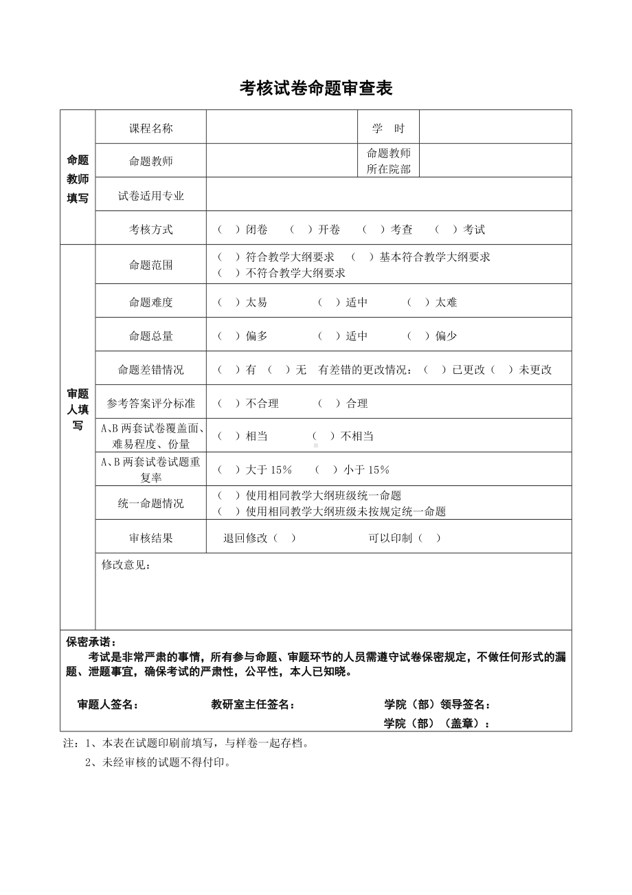 试卷命题审查表参考模板范本.doc_第1页