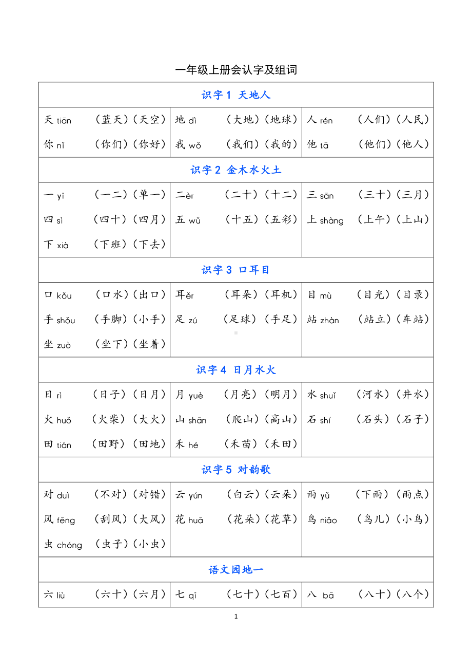 01 一年级上册 识字表组词.pdf-统编版小学语文_第1页