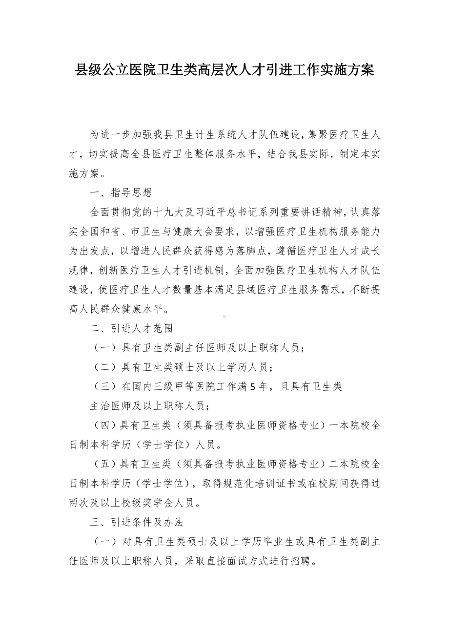 级公立医院卫生类高层次人才引进工作实施方案（示范文本）.docx_第1页