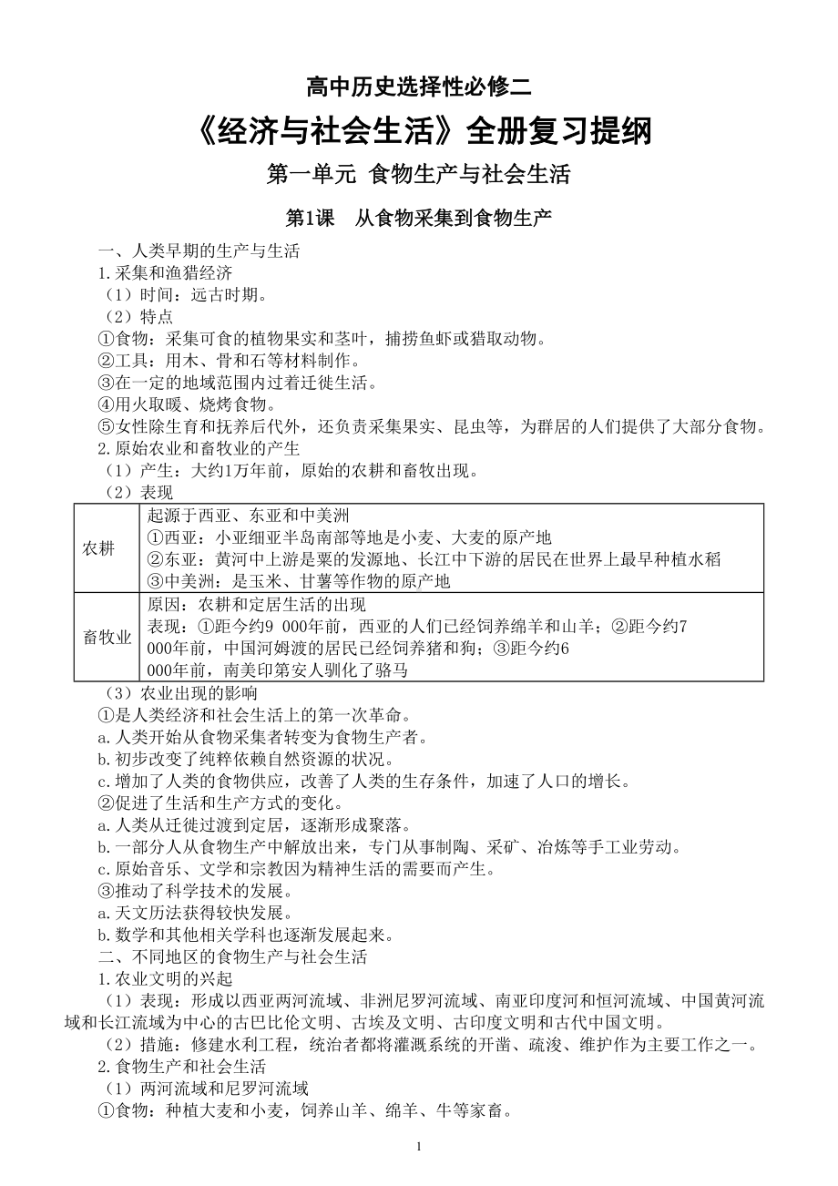 高中历史部编版选择性必修2《经济与社会生活》全册复习提纲（分单元课时编排）.doc_第1页