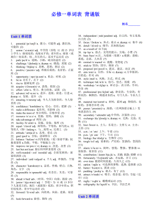 2022新牛津译林版（2020）《高中英语》必修第一册Unit1-Unit4 单词表（背诵+默写）.docx