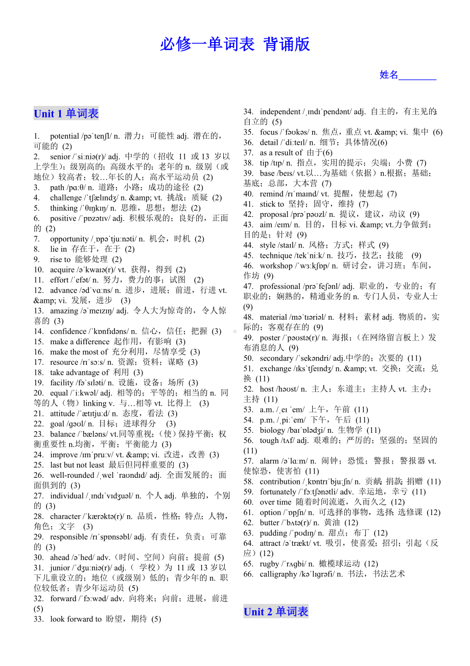 2022新牛津译林版（2020）《高中英语》必修第一册Unit1-Unit4 单词表（背诵+默写）.docx_第1页