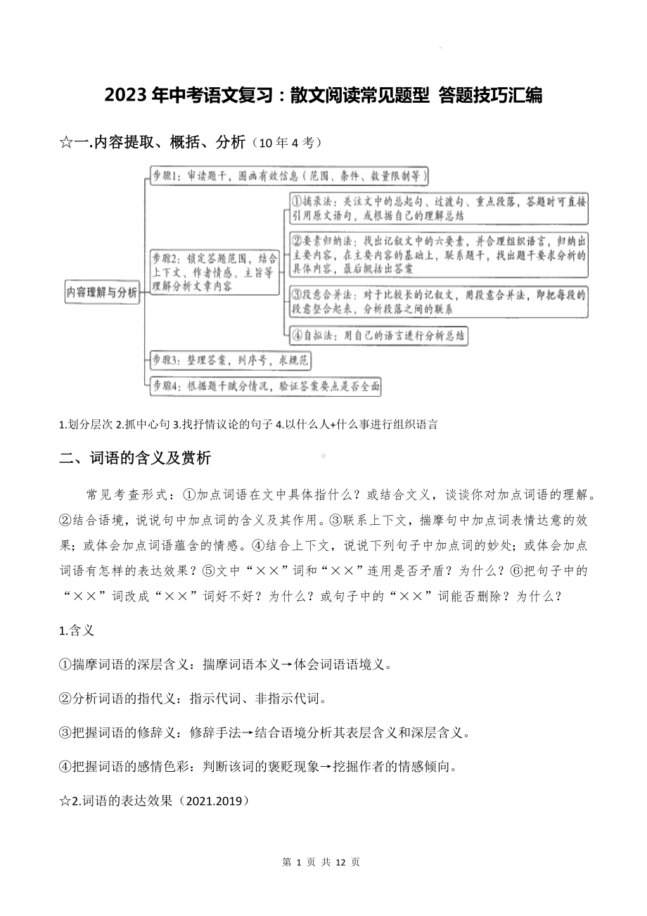 2023年中考语文复习：散文阅读常见题型 答题技巧汇编（实用！）.docx_第1页