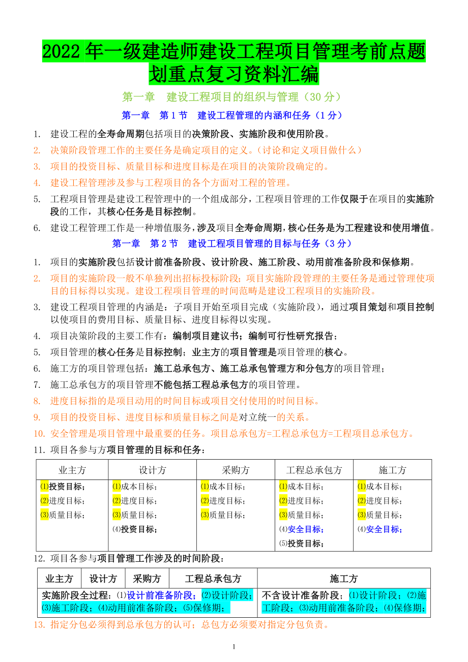 2022年一级建造师建设工程项目管理考前点题划重点复习资料汇编备考.doc_第1页