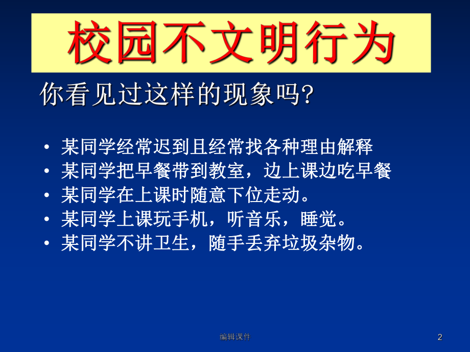 主题班会《向校园不文明行为说不》课件.ppt_第2页