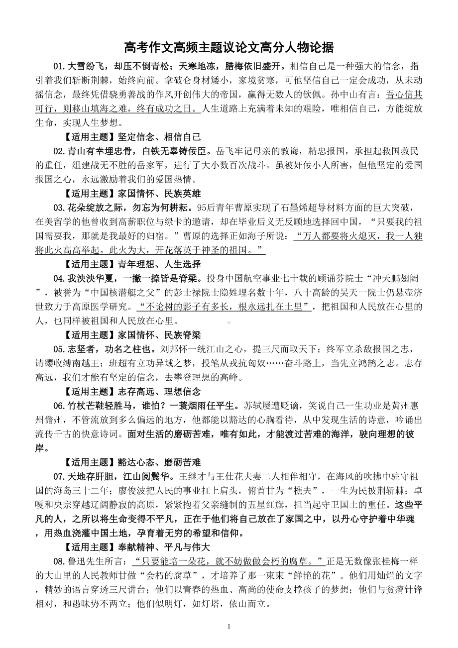 高中语文2023高考作文高频主题议论文高分人物论据（共15个）.doc_第1页