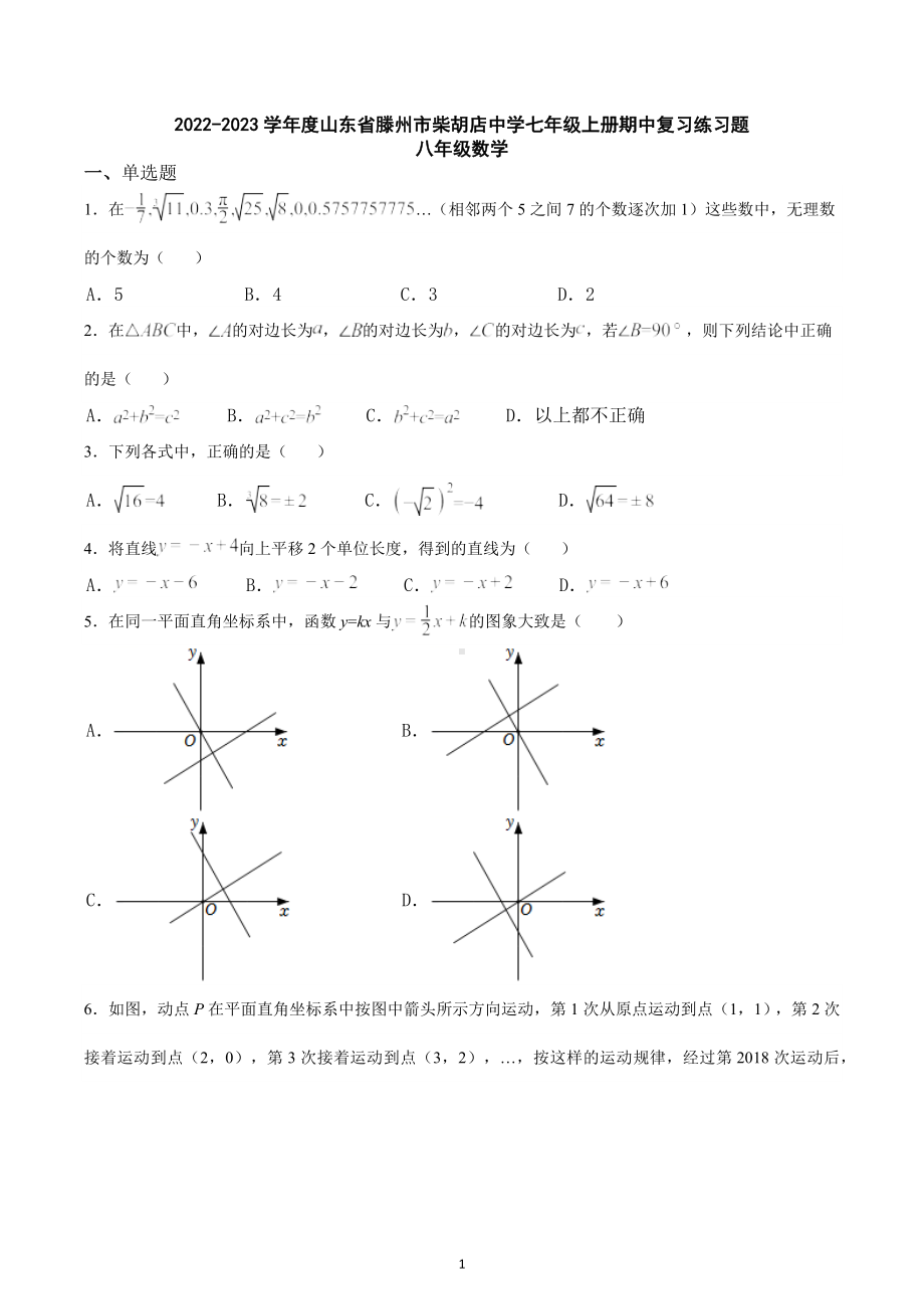 山东省枣庄市滕州市柴胡店中学2022-2023学年 八年级上学期 数学期中复习练习题 .docx_第1页