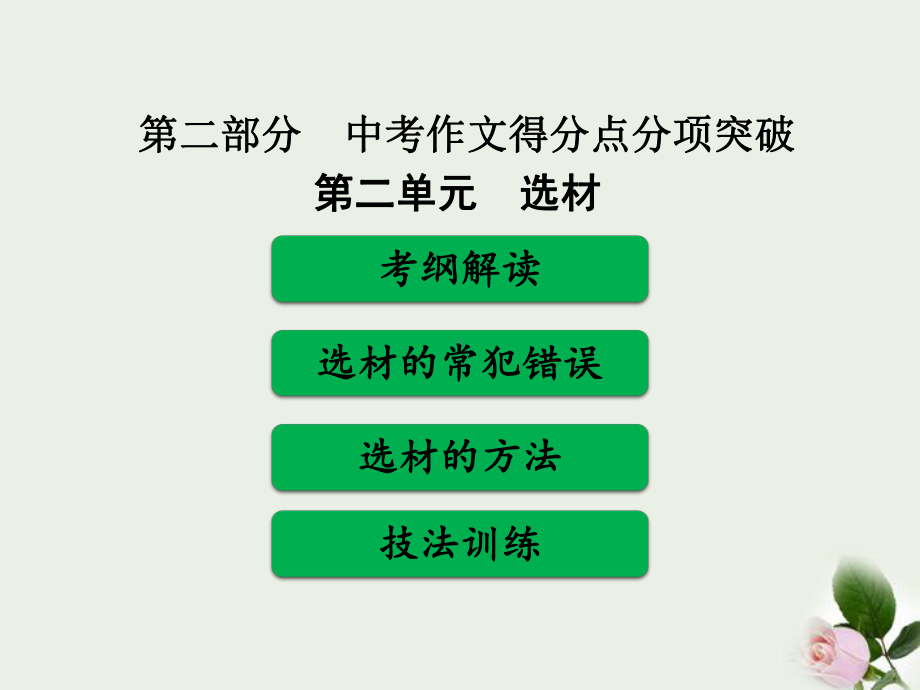 广东中考语文(满分作文必备)复习课件：第二部分-中考作文得分点分项突破-第二单元--选材(共113张).ppt_第1页