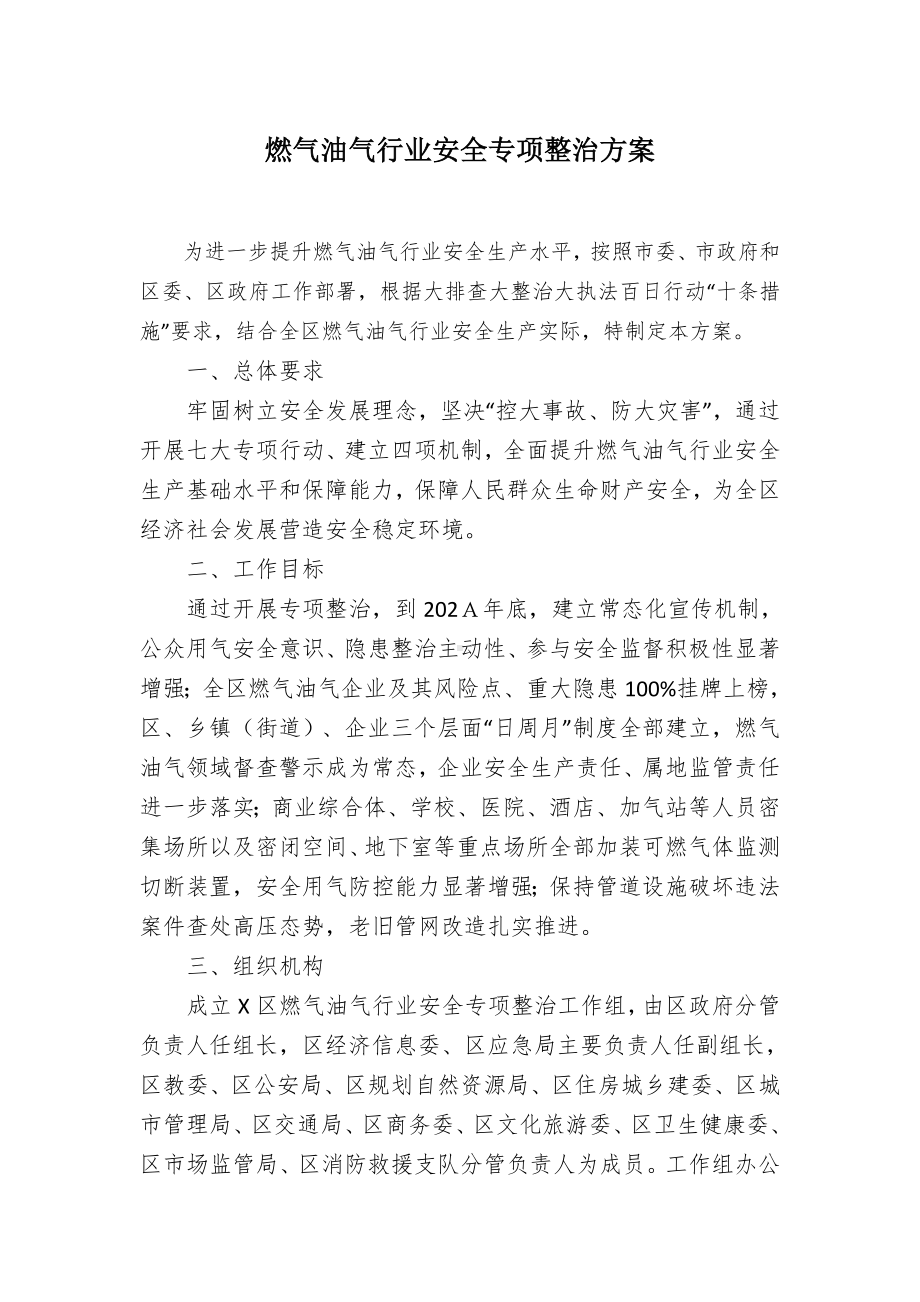 燃气油气行业安全专项整治方案（示范文本）.docx_第1页