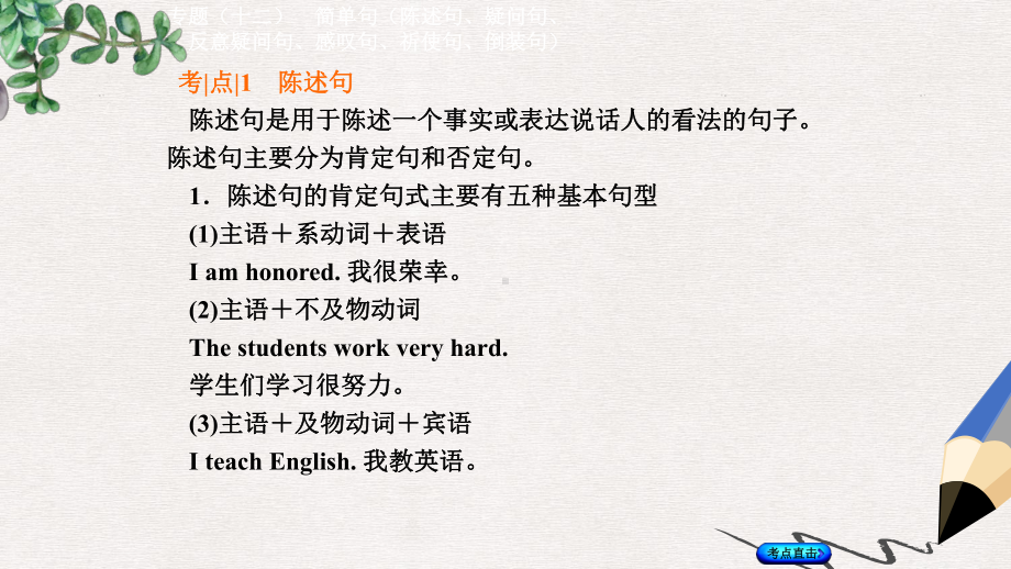 湖南中考英语总复习第二部分语法点击专题十二简单句陈述句疑问句反意疑问句感叹句祈使句倒装句课件人教新目.ppt_第3页