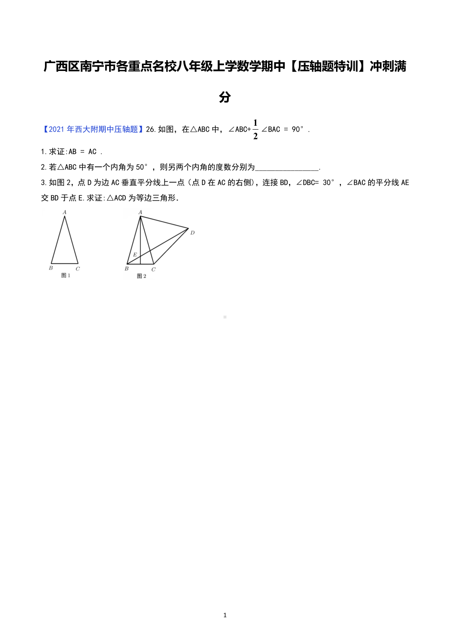 广西区南宁市各重点名校2022-2023学年八年级上学数学期中 压轴题.docx_第1页