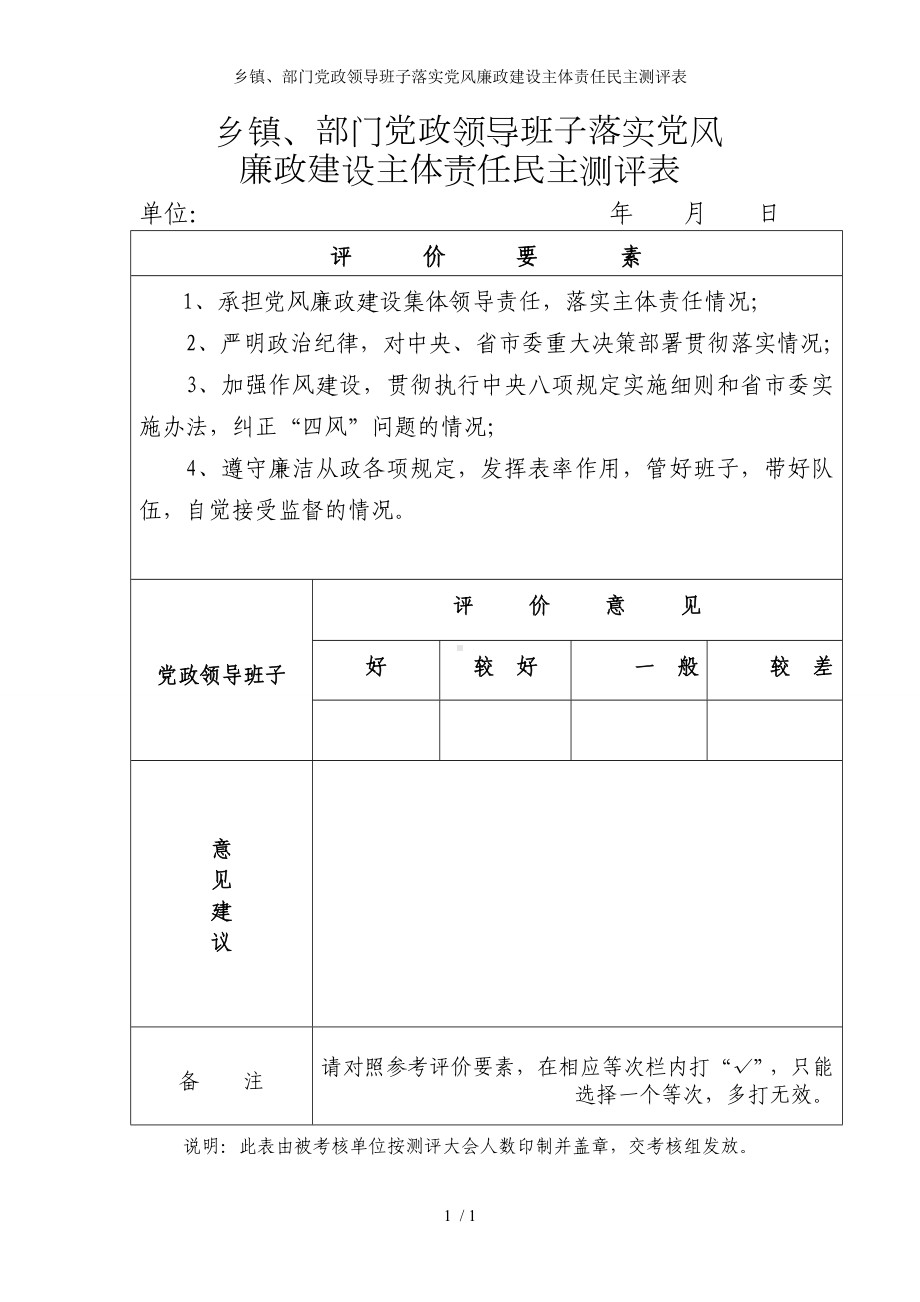 乡镇、部门党政领导班子落实党风廉政建设主体责任民主测评表参考模板范本.doc_第1页