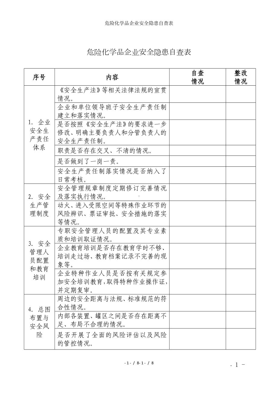 危险化学品企业安全隐患自查表参考模板范本.doc_第1页