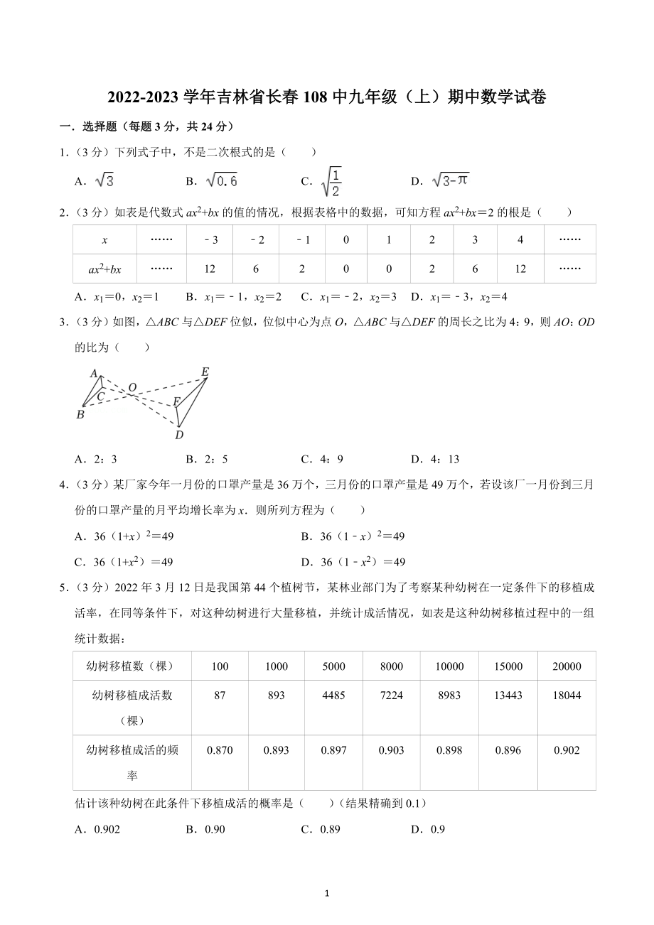 2022-2023学年吉林省长春108中九年级（上）期中数学试卷.docx_第1页