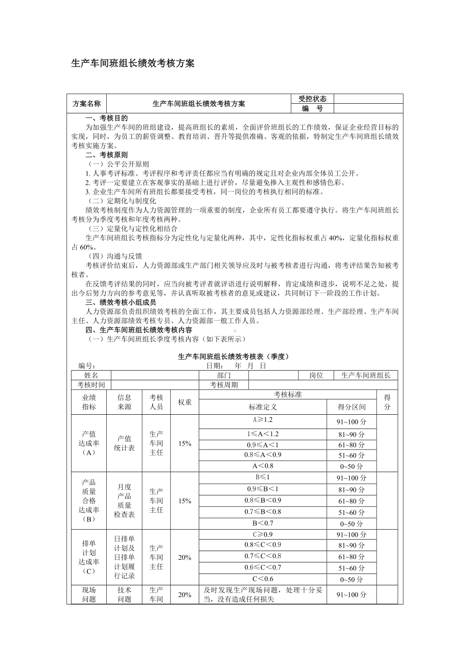 生产车间班组长绩效考核方案附考核表.docx_第1页