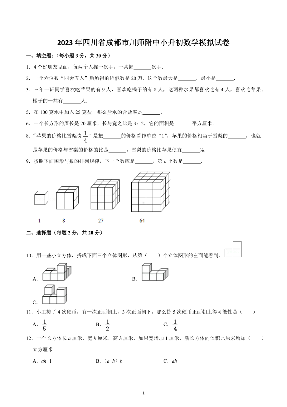 2023年四川省成都市川师附 小升初数学模拟试卷.docx_第1页