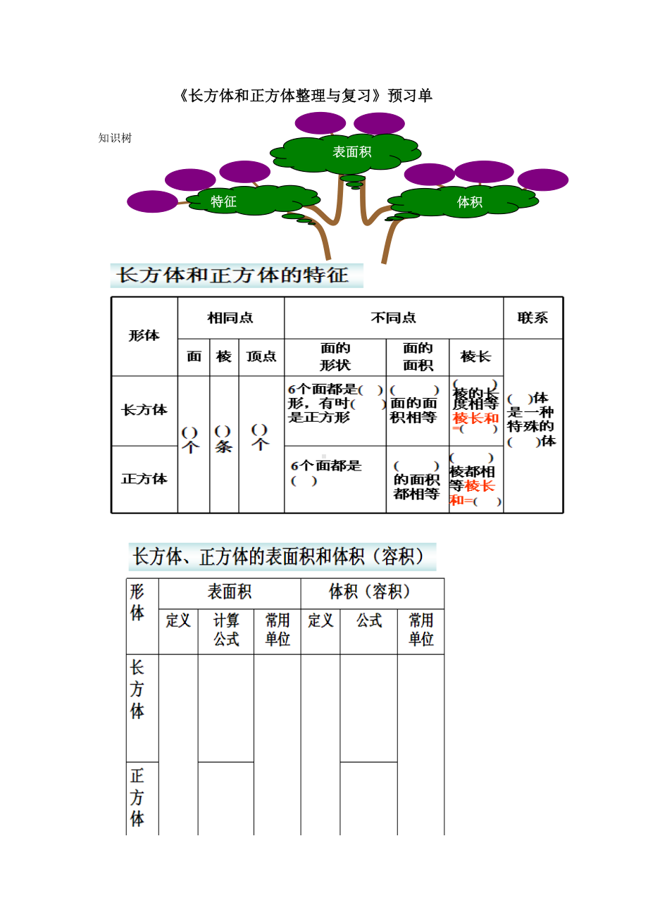 苏教版六年级数学上册第七单元《长方体和正方体整理与复习》预习单（公开课）.doc_第1页