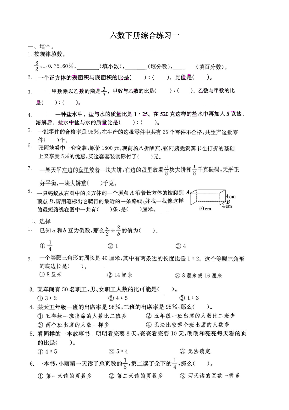 南京力学小学苏教版六年级下册总复习数学综合练习一.docx_第1页