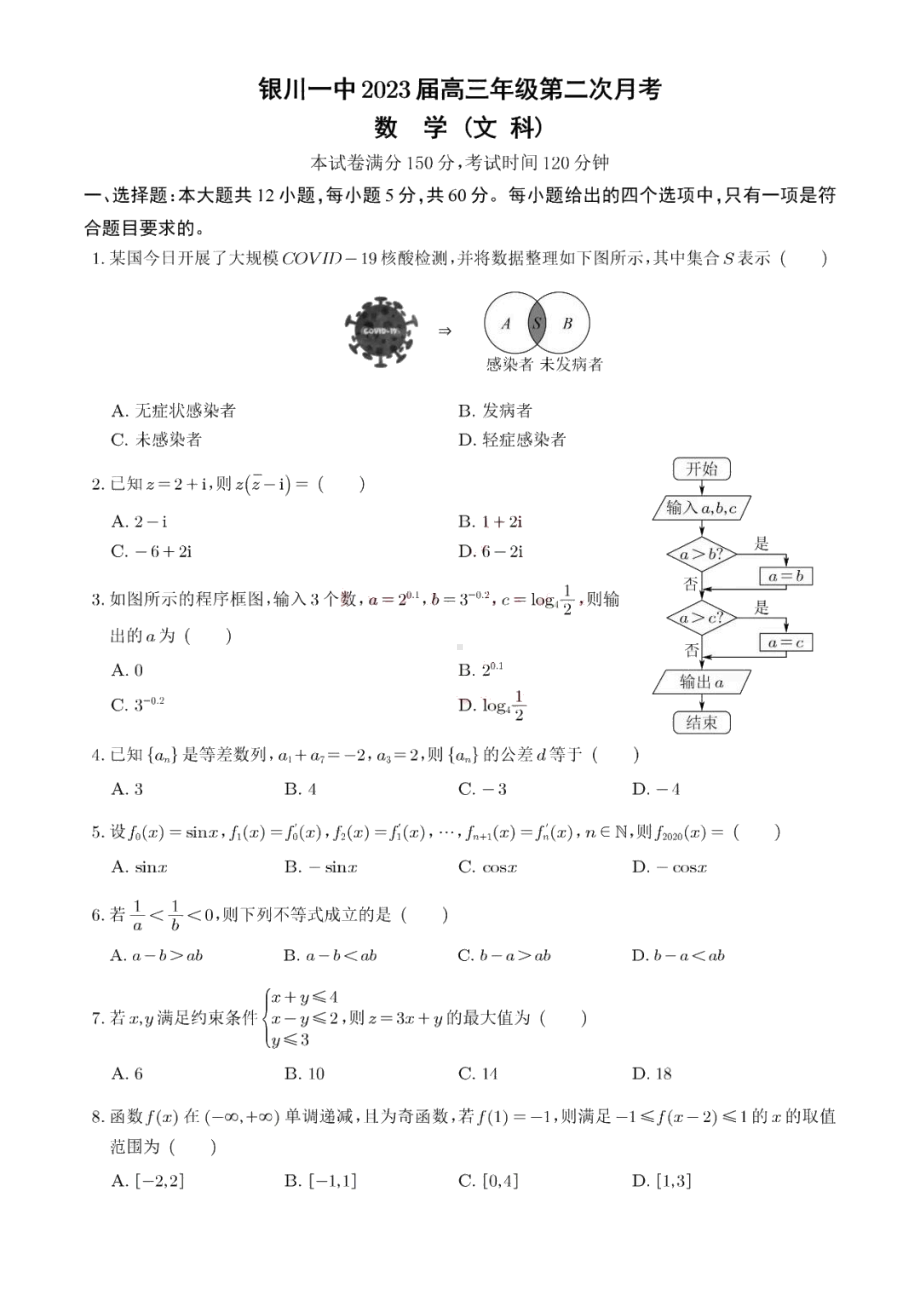 宁夏银川一 2022-2023学年高三上学期第二次月考文科数学试卷.pdf_第1页