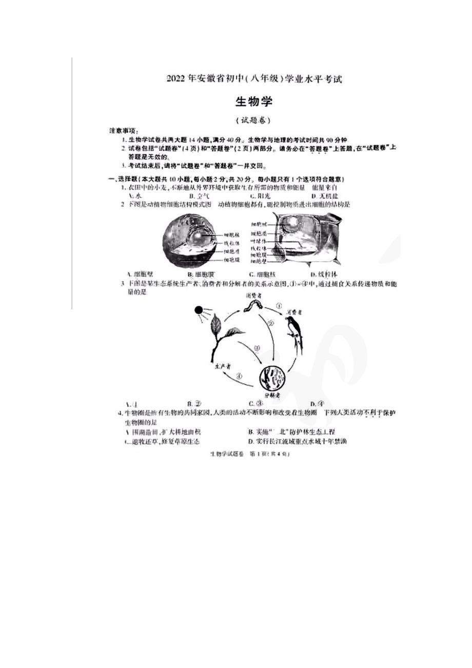 2022年安徽省初中（八年级生物)学业水平考试生物真题试卷(含答案).docx_第1页